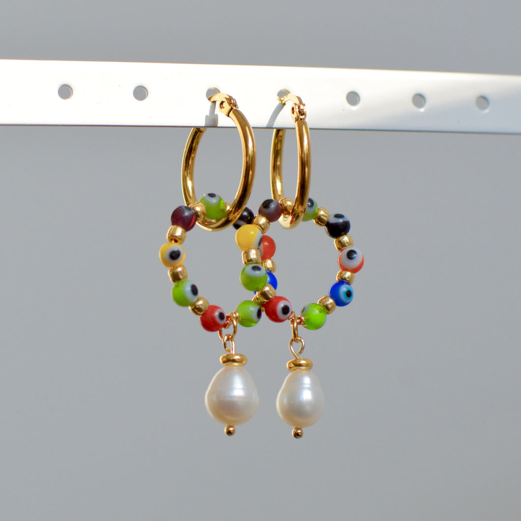 Multicoloured Bead Pearl Detail Hoops