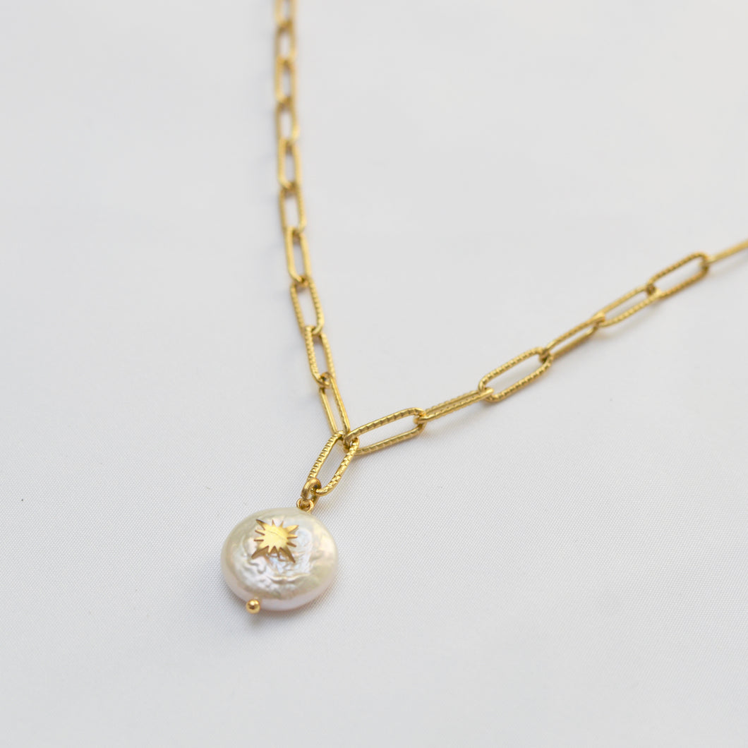 Paper Clip Chain Pearl Drop Necklace